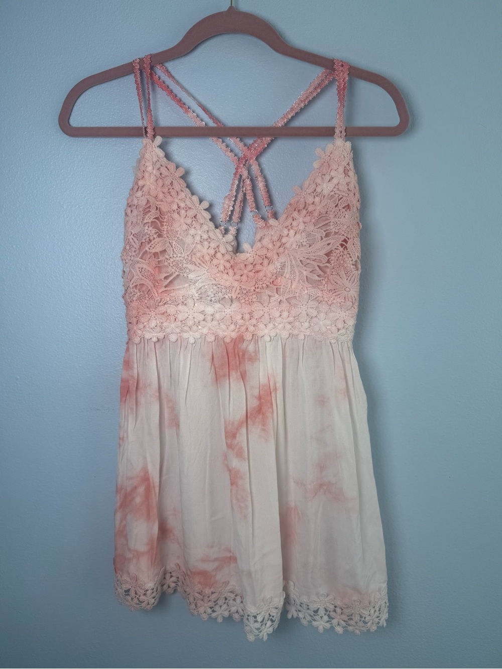 POL Pink Lace Tie-Dye Cami with Crisscross Straps
